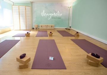 yoga studio look, logo wall